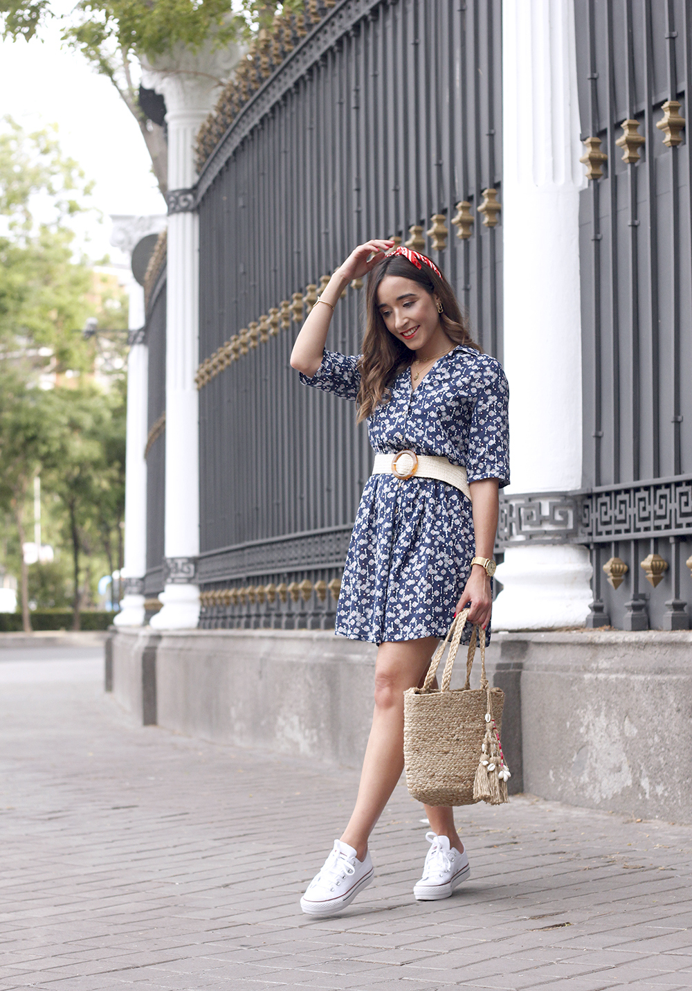 casual printed dress platfrom converse hair scarf street style outfit 20199