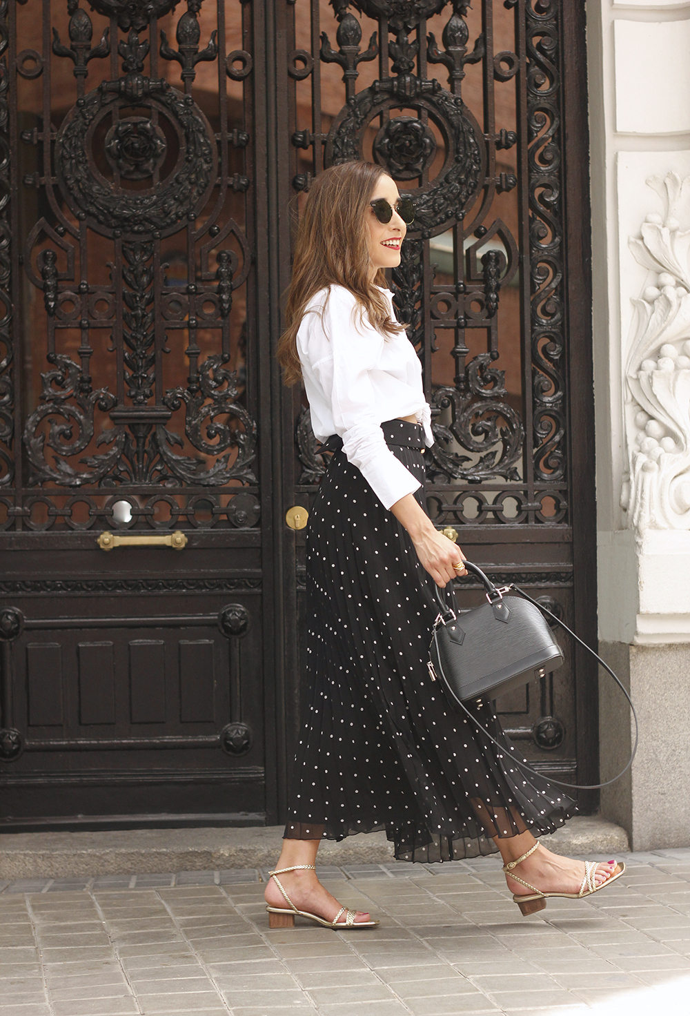 dots midi skirt white skirt louis vuitton black bag street style outfit 201915
