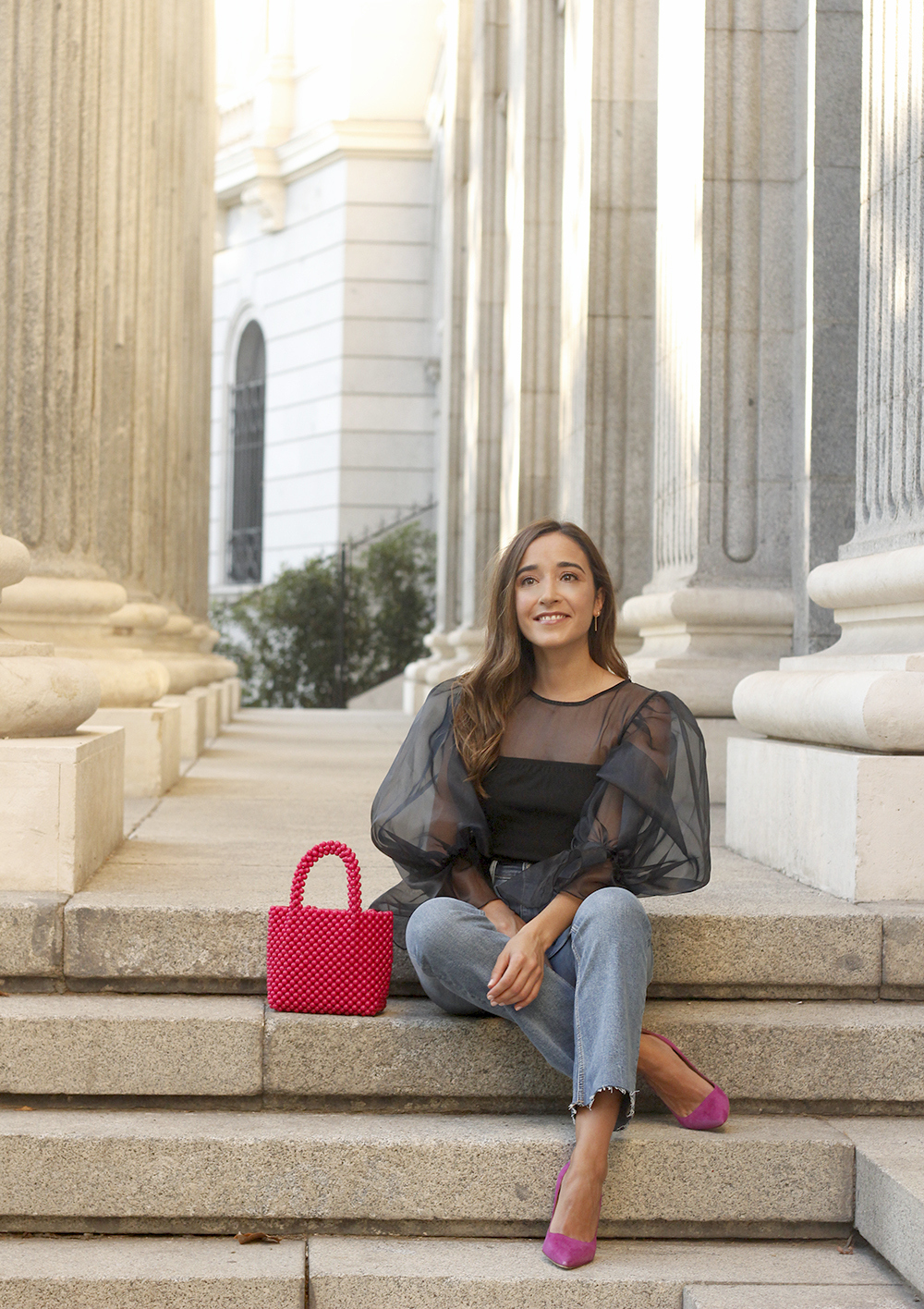 black organza top puffed sleeves pink bag carolina herrera heels street style outfit8