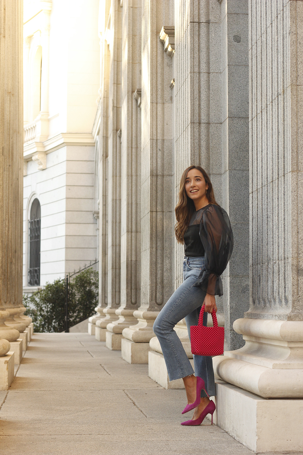 black organza top puffed sleeves pink bag carolina herrera heels street style outfit13