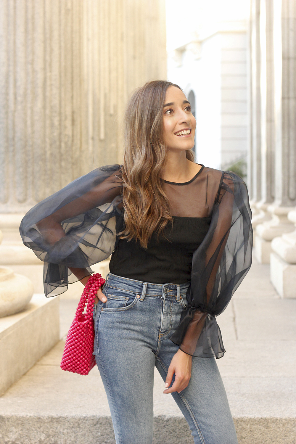 black organza top puffed sleeves pink bag carolina herrera heels street style outfit10