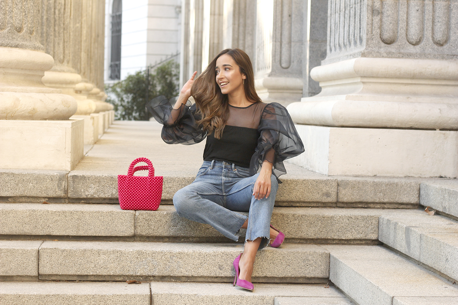 black organza top puffed sleeves pink bag carolina herrera heels street style outfit6