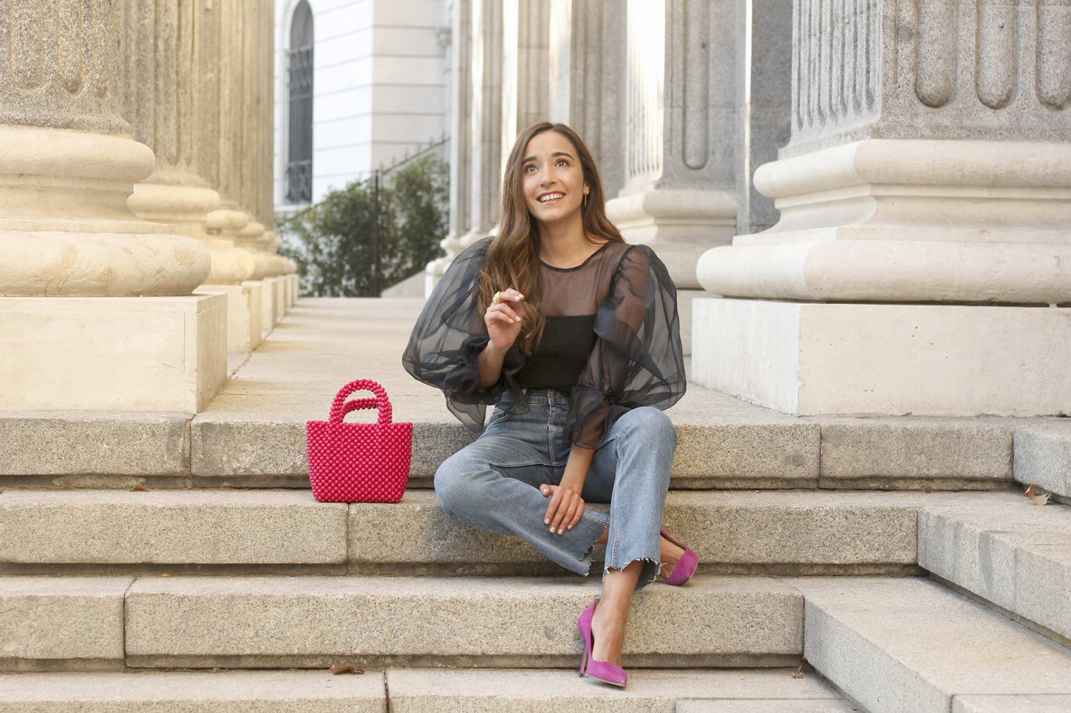 black organza top puffed sleeves pink bag carolina herrera heels street style outfit5
