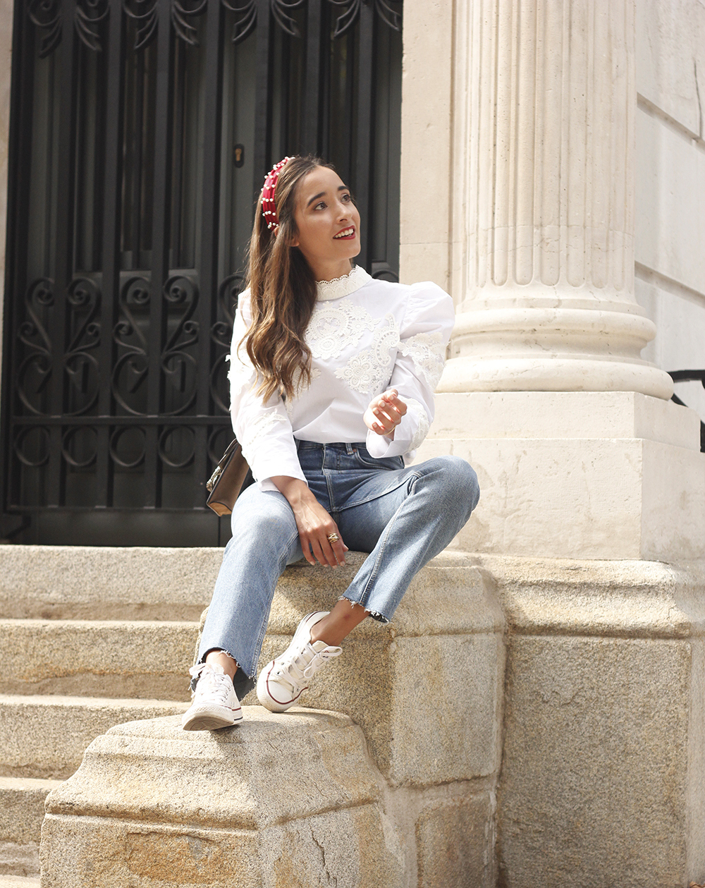 white blouse with embroidery and puffed sleeves jeans converse gucci bag headband street style outfit 20184