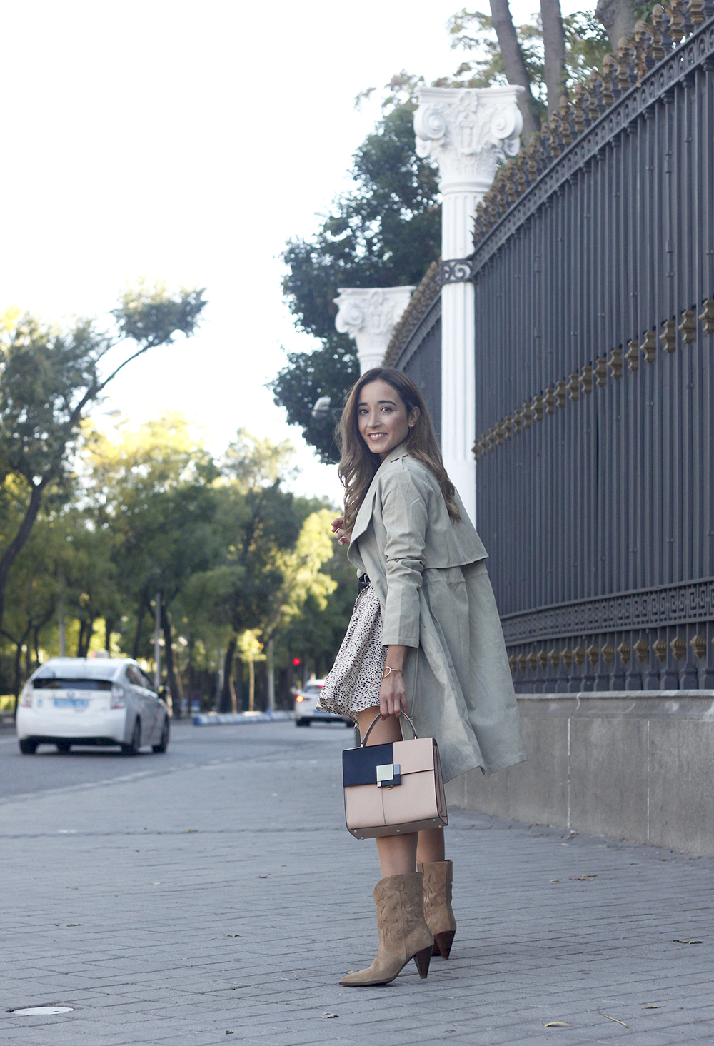 cowboy boots polka dots dress trench street style outfit 20192