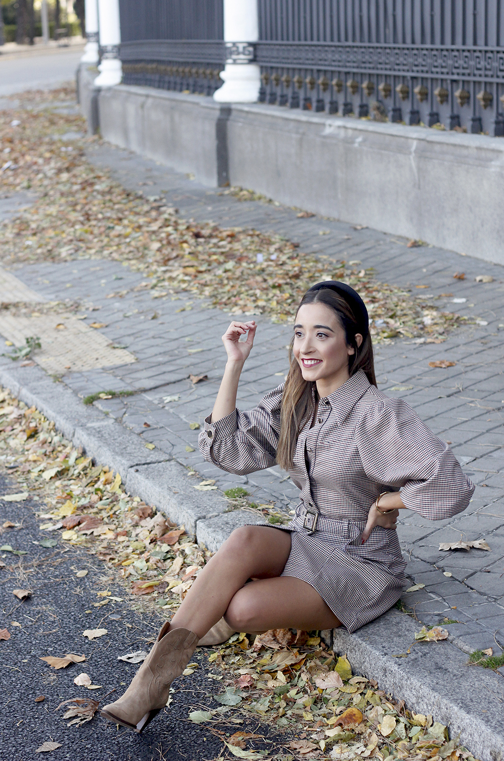 houndstooth dress headbands cowboy boots street style outfit 20195