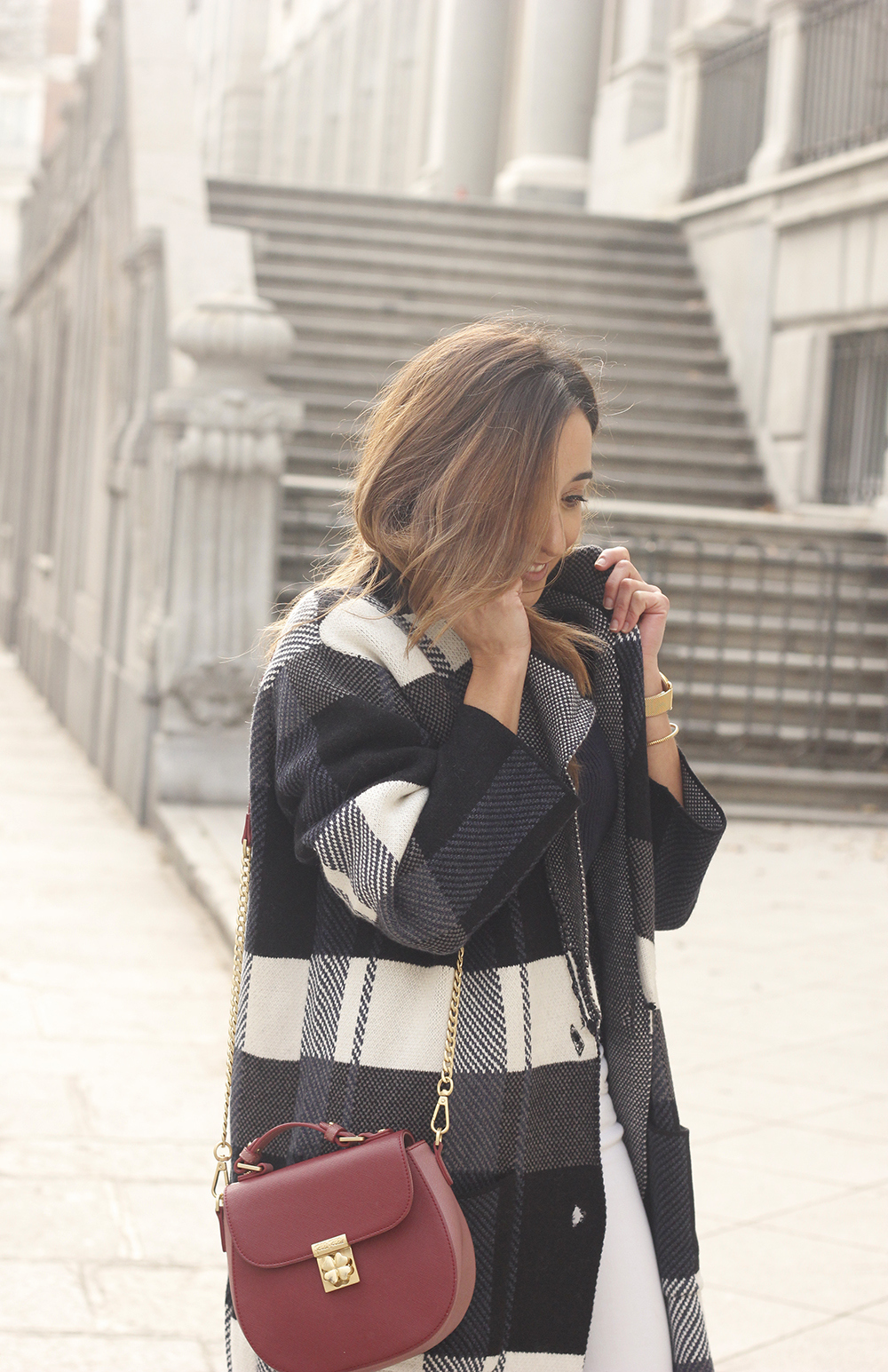 knit plaid coat white jeans heels outfit 201910