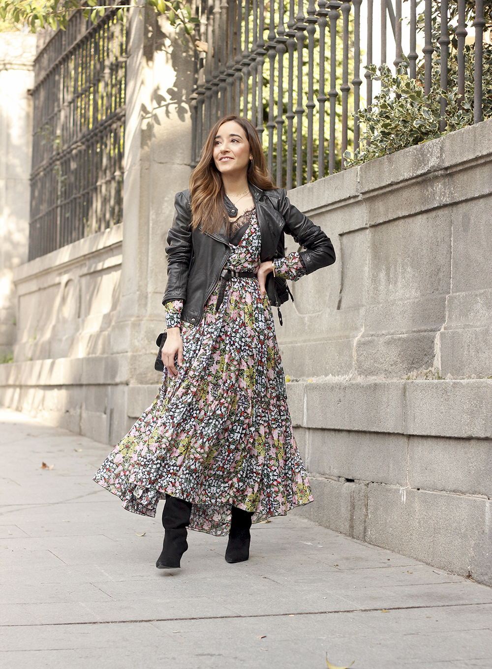 Flower dress black biker givenchy bag outfit 20195