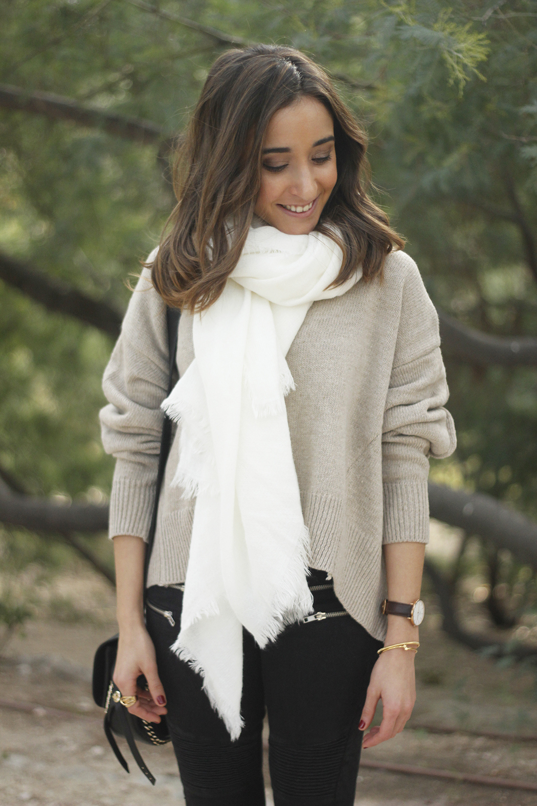 Beige Sweater Black Jeans Nude Heels White Scarf Coach Bag Outfit Style15