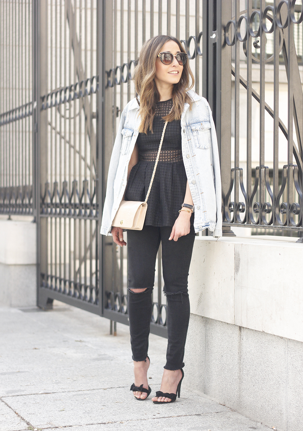 black peplum top sheinside black jeans sandals nude bag accessories sunnies spring outfit style15