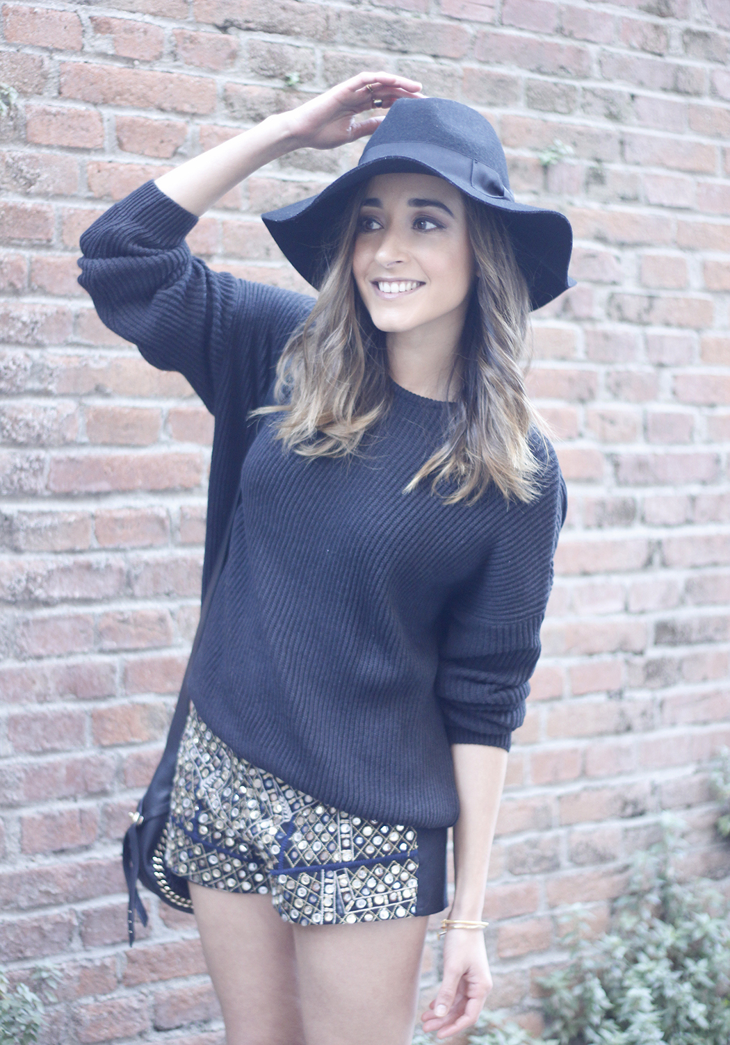 embroidered shorts black hat over the knee boots black sweater pull and bear purse coach outfit17