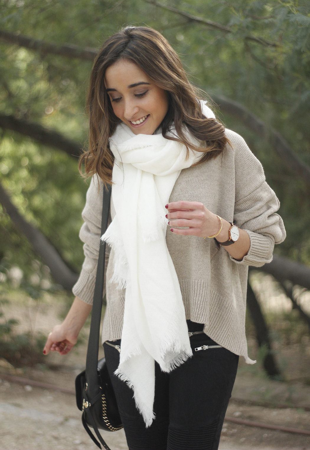 Beige Sweater Black Jeans Nude Heels White Scarf Coach Bag Outfit Style16