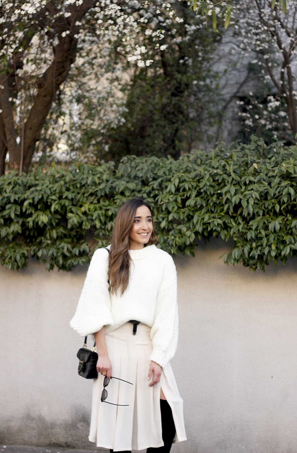 pink pale midi skirt white sweater black boots givenchy bag street style outfit 201915