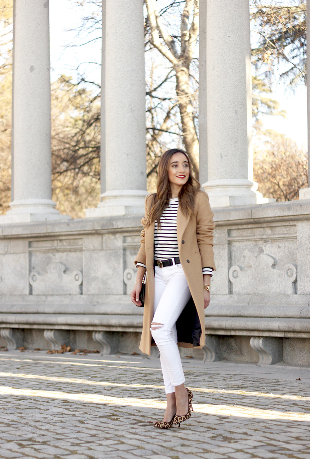 beige coat ripped jeans givenchy bag gucci belt street style outfit 20192