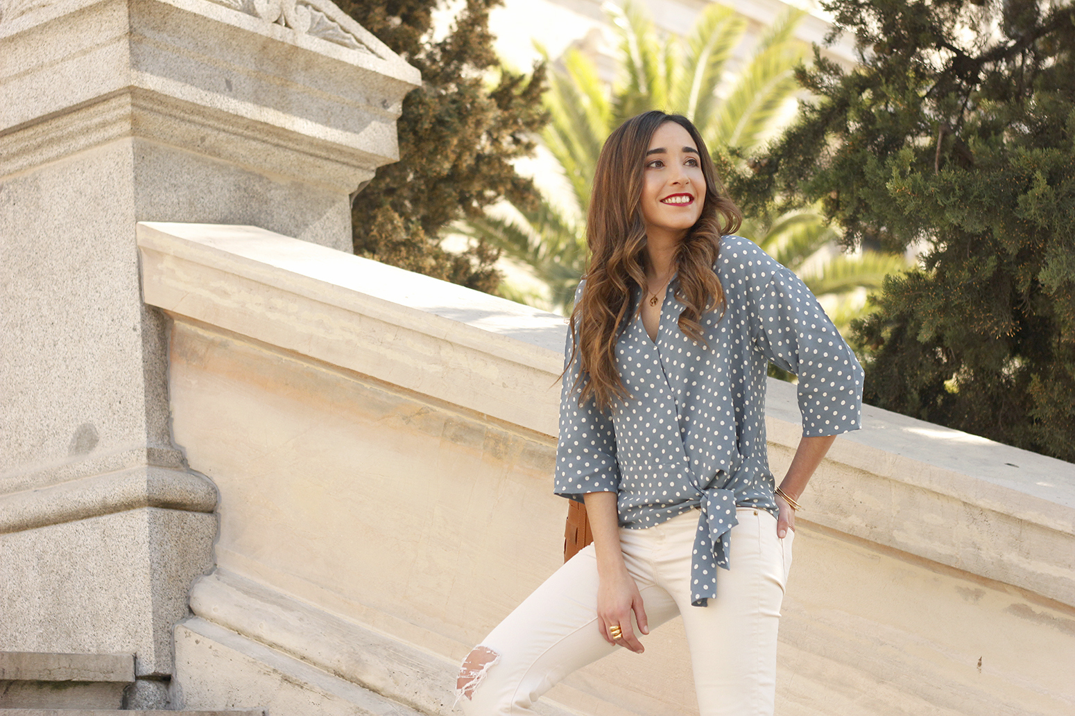 dots blouse white jeans leopard heels spring street style outfit 201911