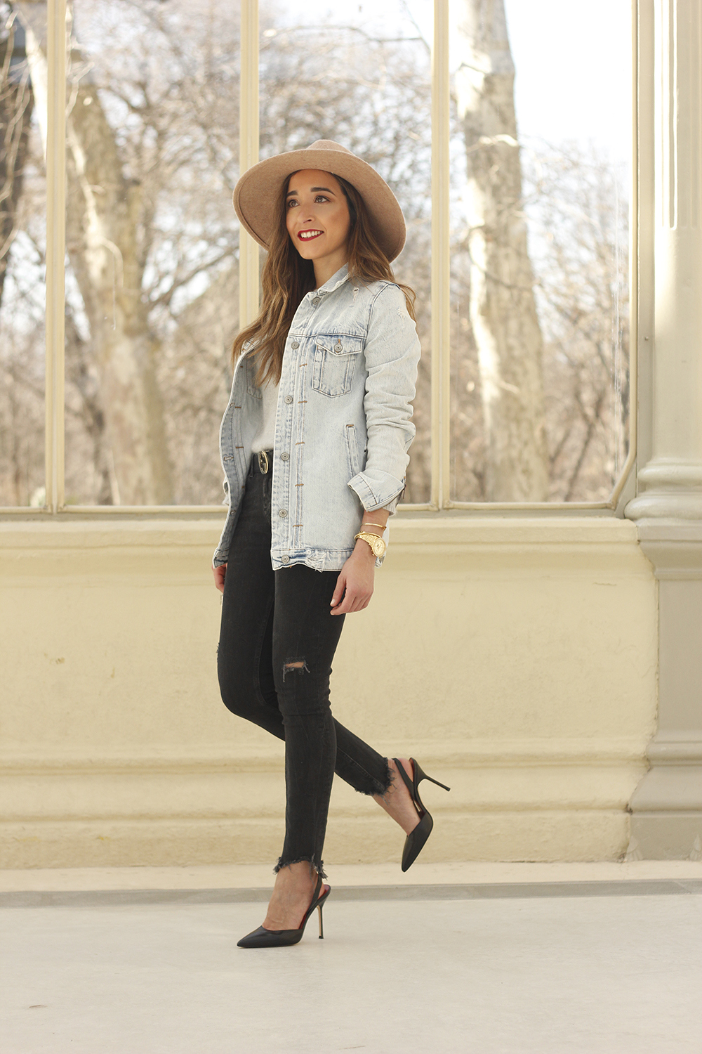 Denim jacket black jeans carolina herrera bag louis vuitton hat street style outfit 20193