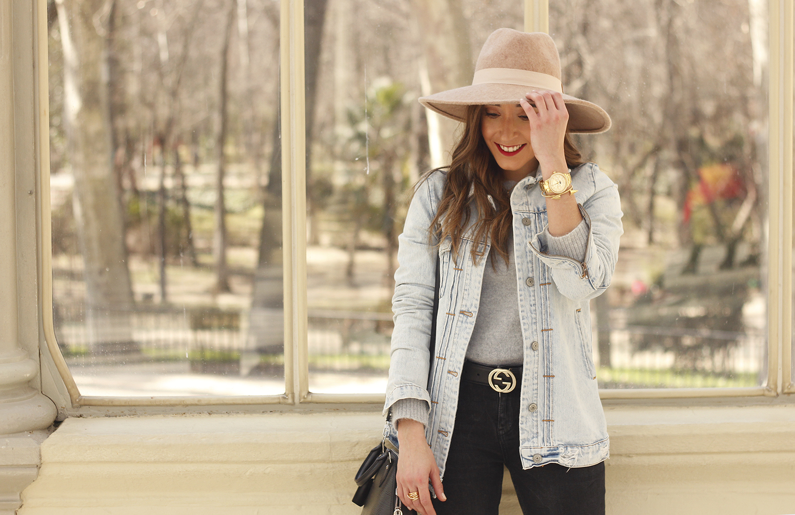 Denim jacket black jeans carolina herrera bag louis vuitton hat street style outfit 20198