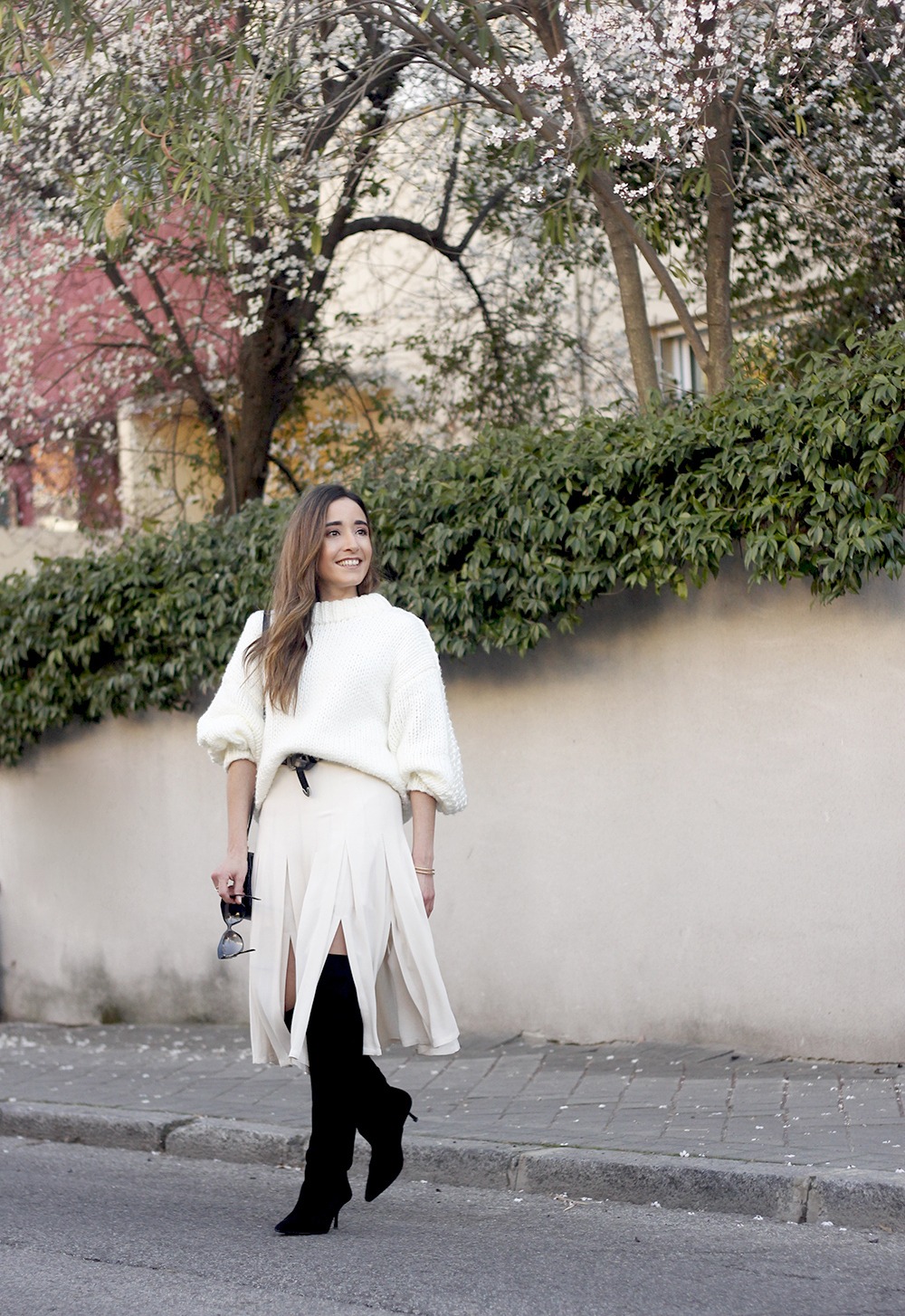 pink pale midi skirt white sweater black boots givenchy bag street style outfit 20193