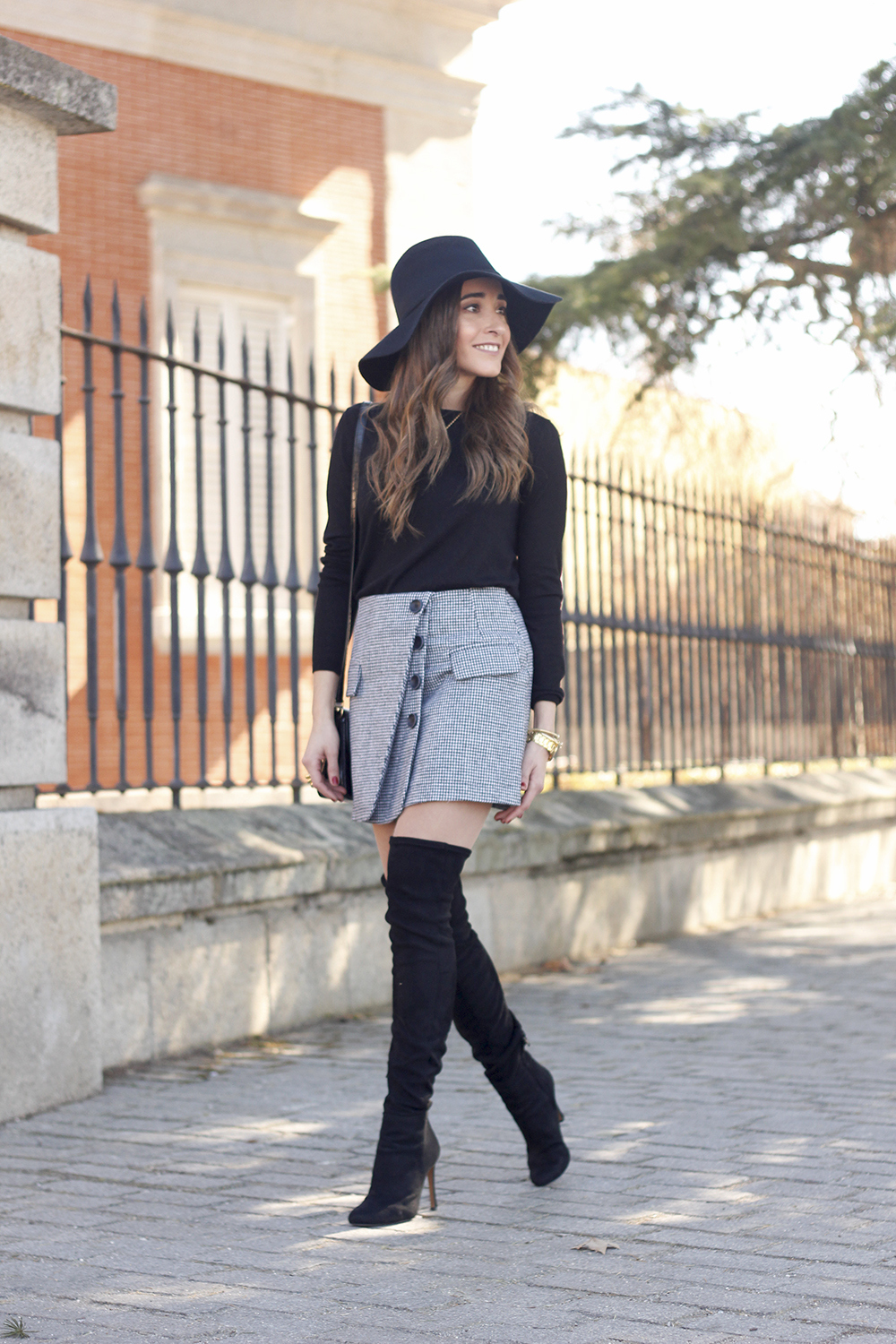 houndstooth skirt givenchy bag over the knee boots black hat street style outfit 20193