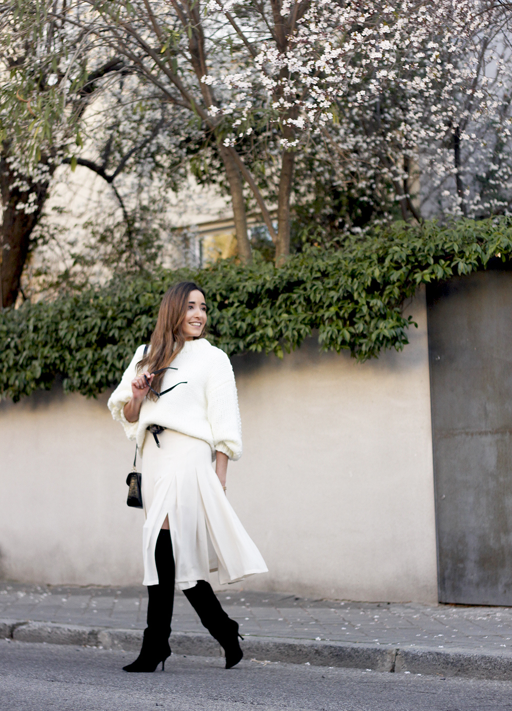 pink pale midi skirt white sweater black boots givenchy bag street style outfit 20198