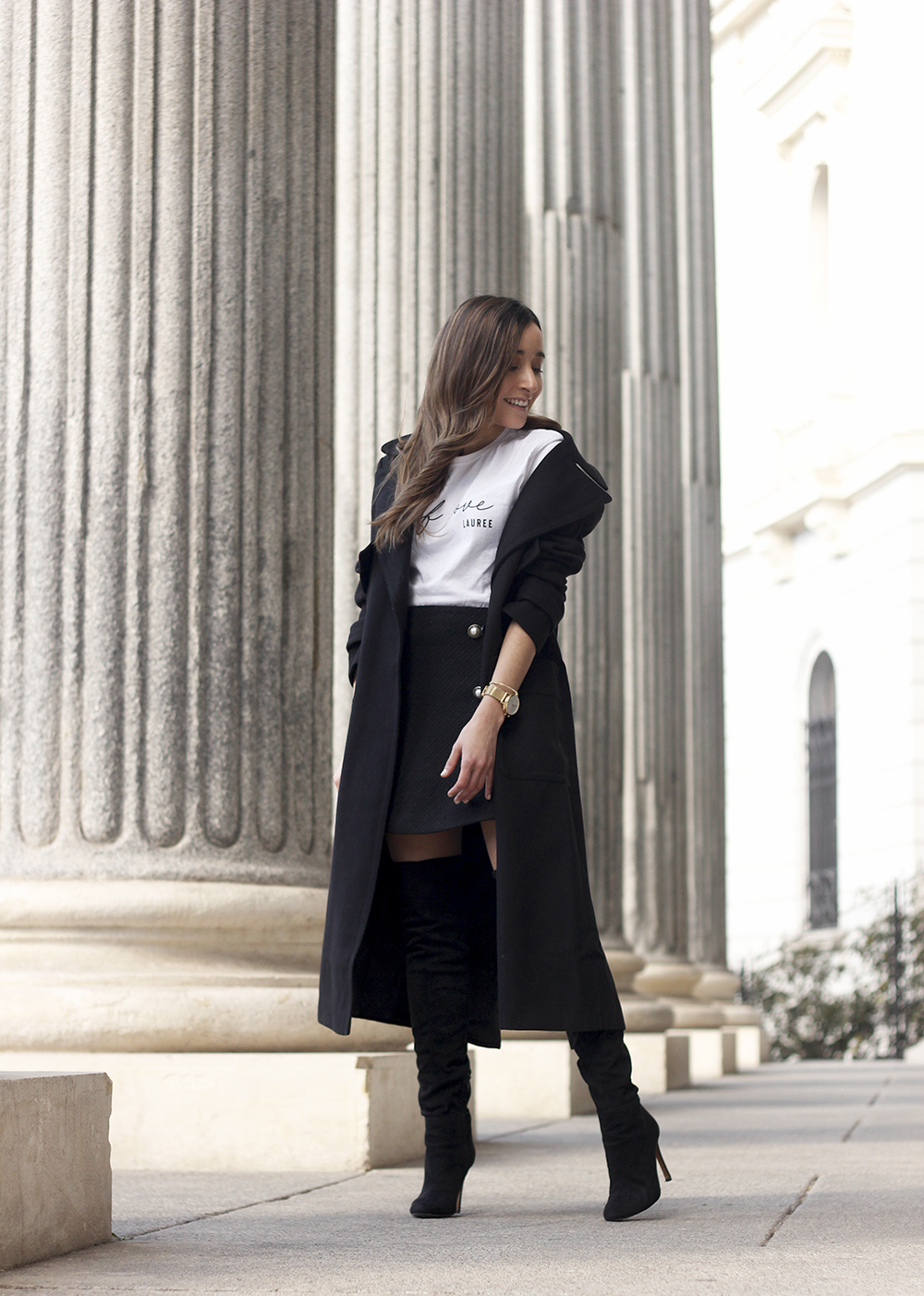 tweed skirt over the knee boots black trench coat street style outfit 201916