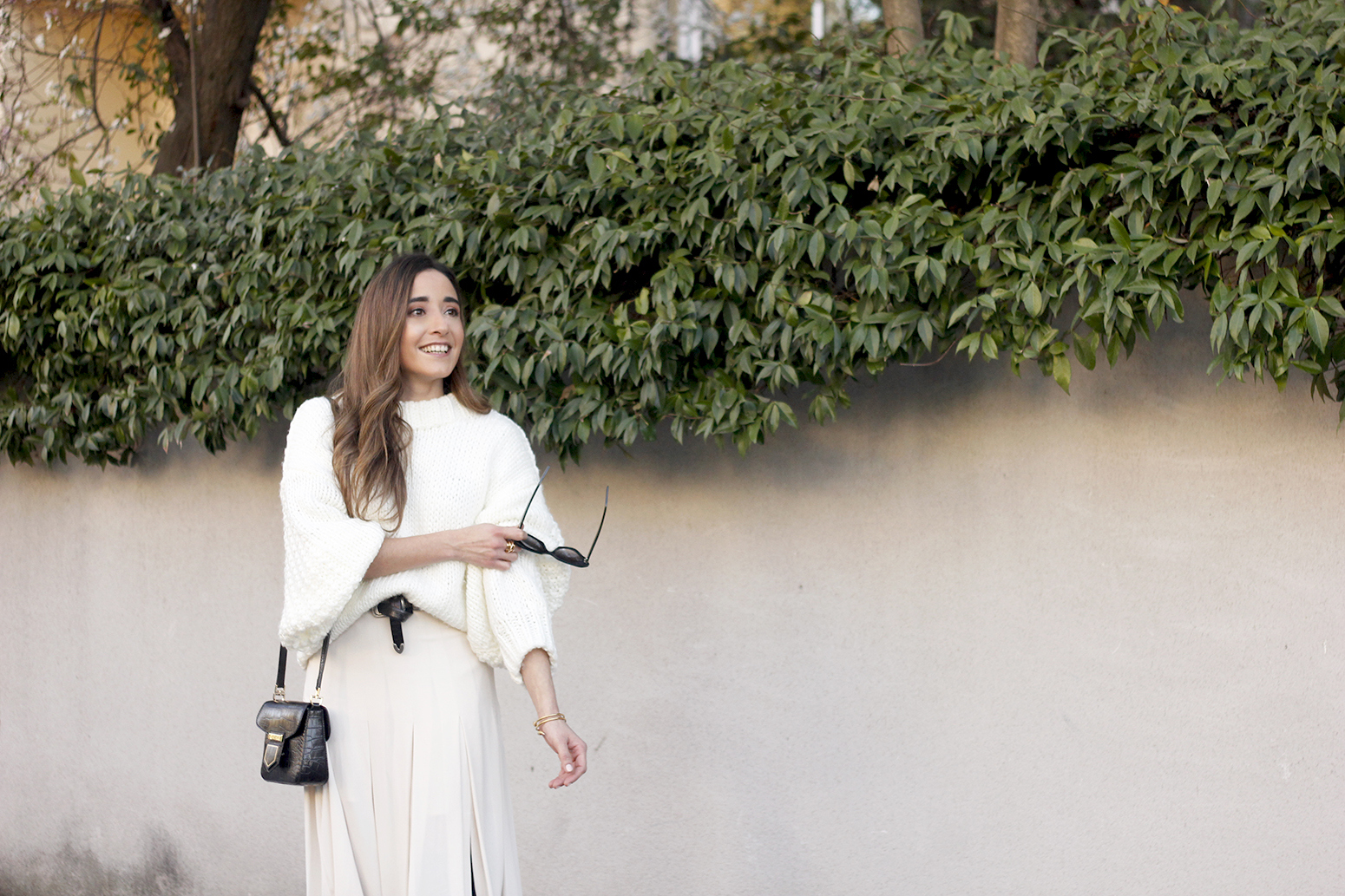 pink pale midi skirt white sweater black boots givenchy bag street style outfit 201918