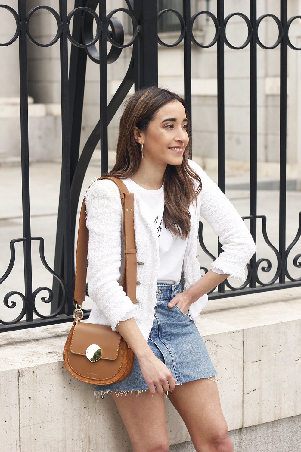 denim skirt vans sneaker tweed jacket street style casual outfit 20196