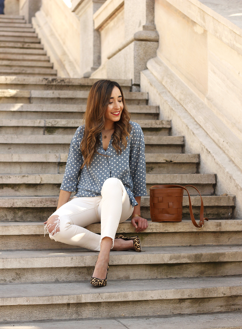 dots blouse white jeans leopard heels spring street style outfit 20198