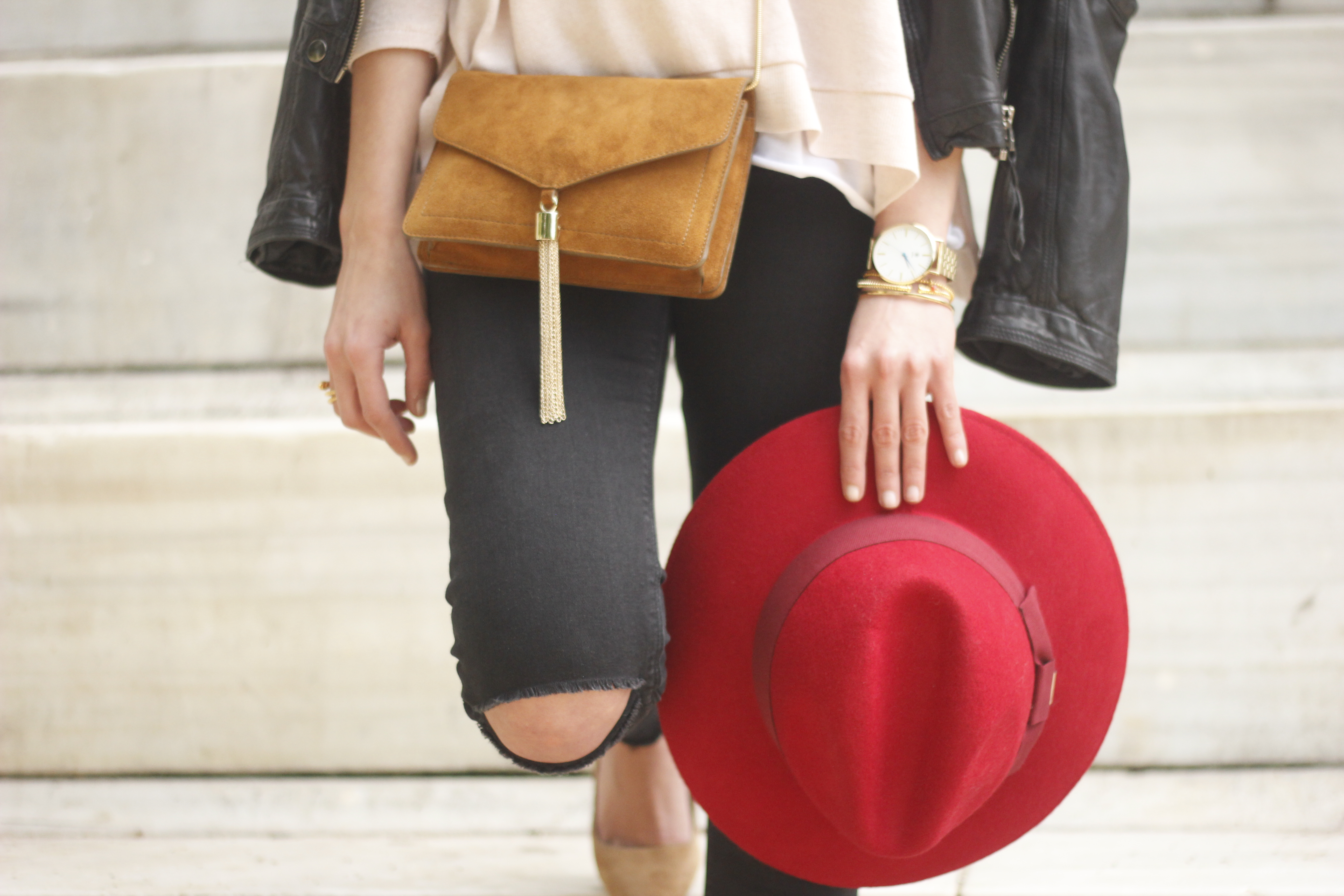 black biker jacket ripped jeans red hat camel bag outfit fashion style spring16