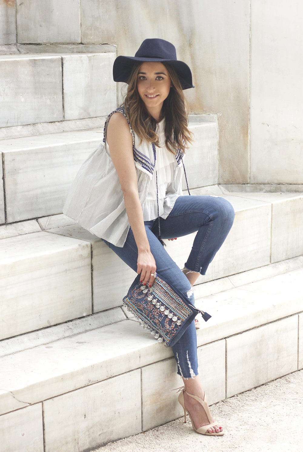 boho vest jeans heels blue hat alex and ani bohemian outfit05