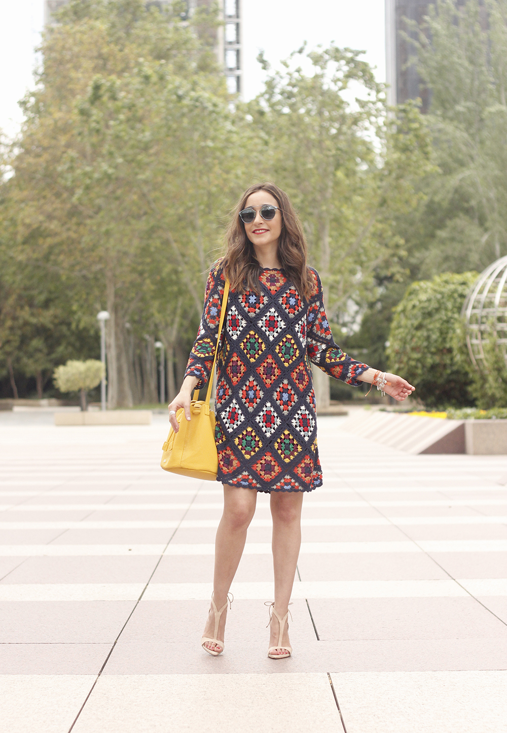 crochet dress yellow bag dayaday nude heels accessories fashion outfit style summer07