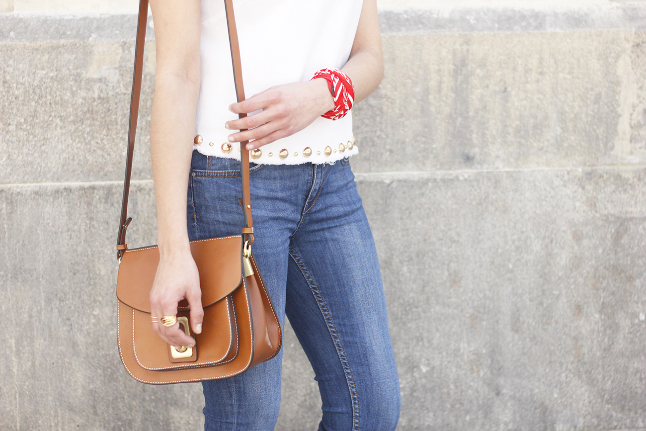 white top with studs ripped jeans style outfit heels accessories bandanna spring 20