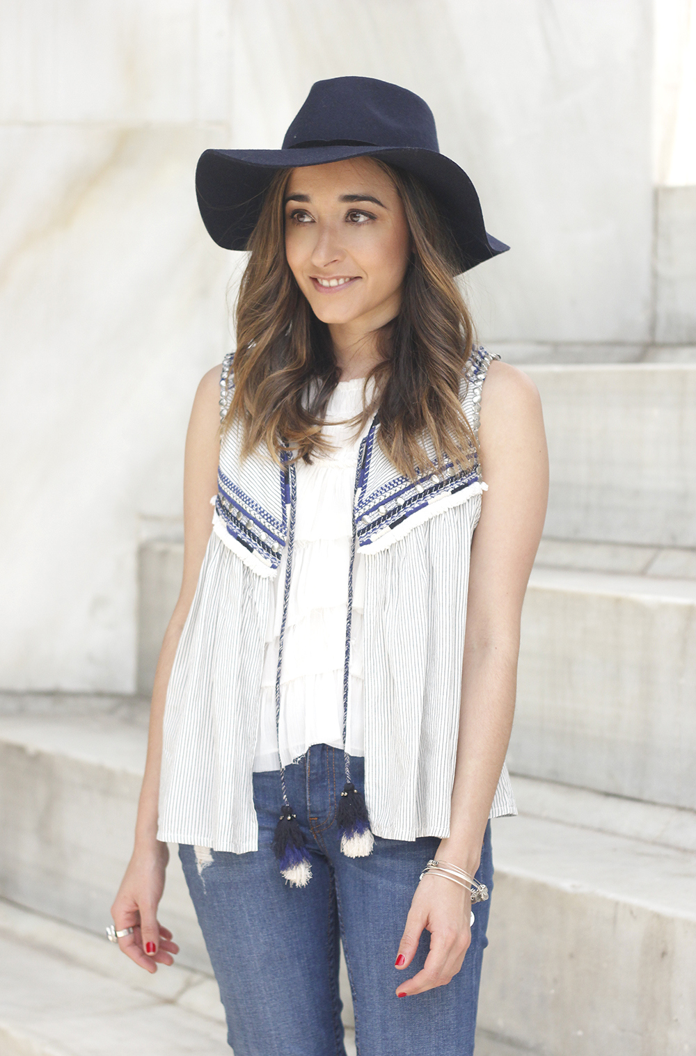 boho vest jeans heels blue hat alex and ani bohemian outfit24