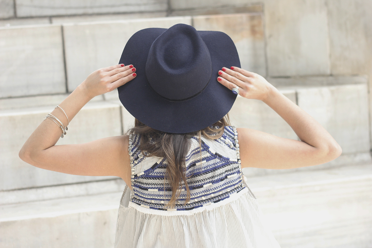 boho vest jeans heels blue hat alex and ani bohemian outfit16