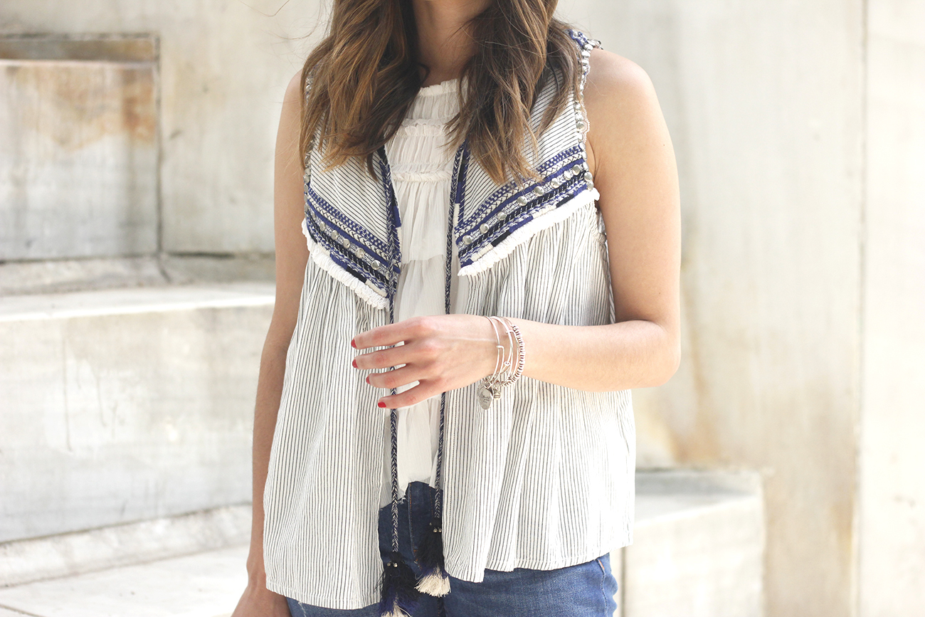 boho vest jeans heels blue hat alex and ani bohemian outfit22