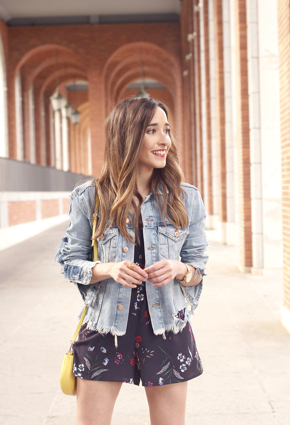 Floral Jumpsuit denim jacket white converse spring outfit 2018 street style13