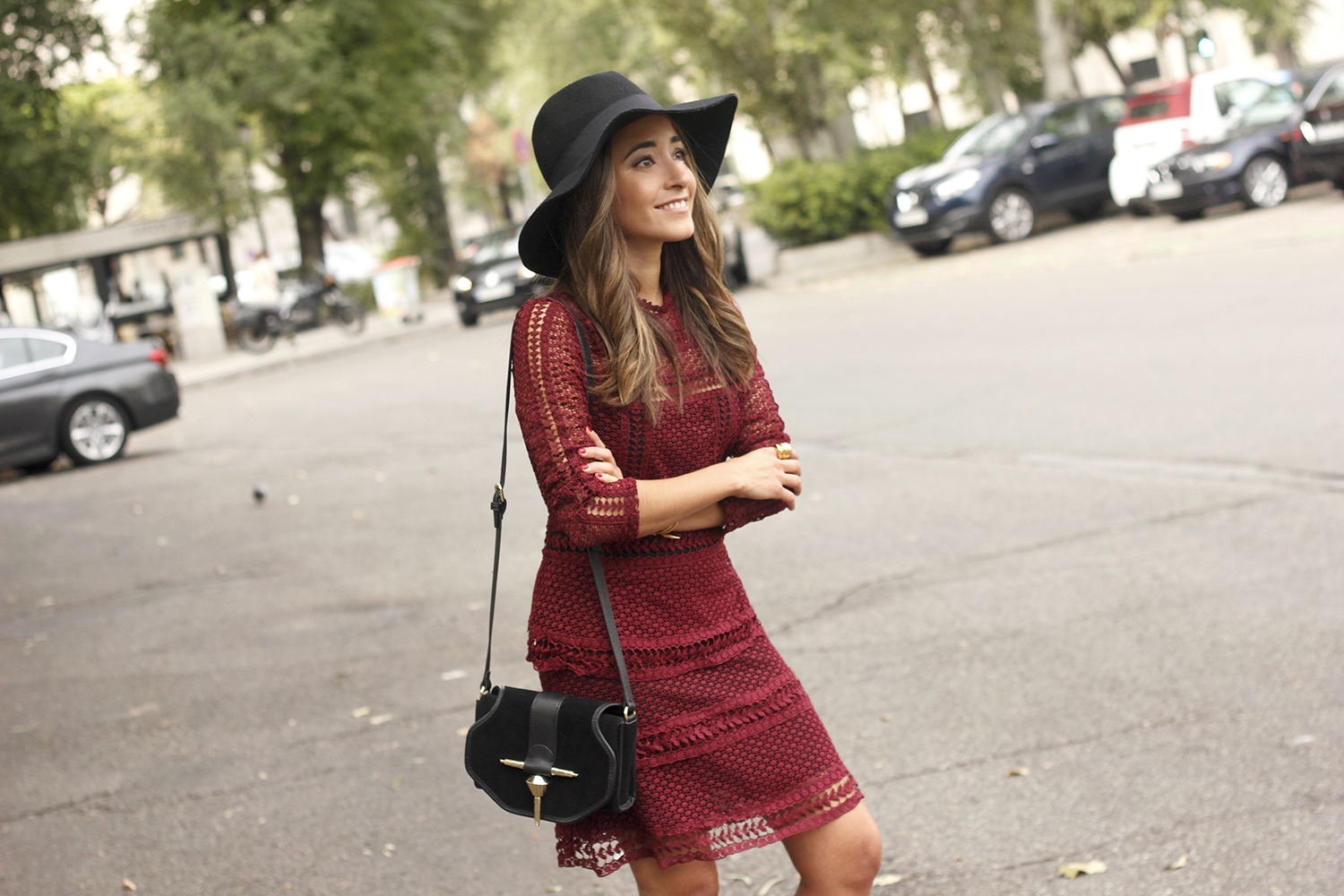 burgundy lace dress black heels hat accessories outfit fashion style15