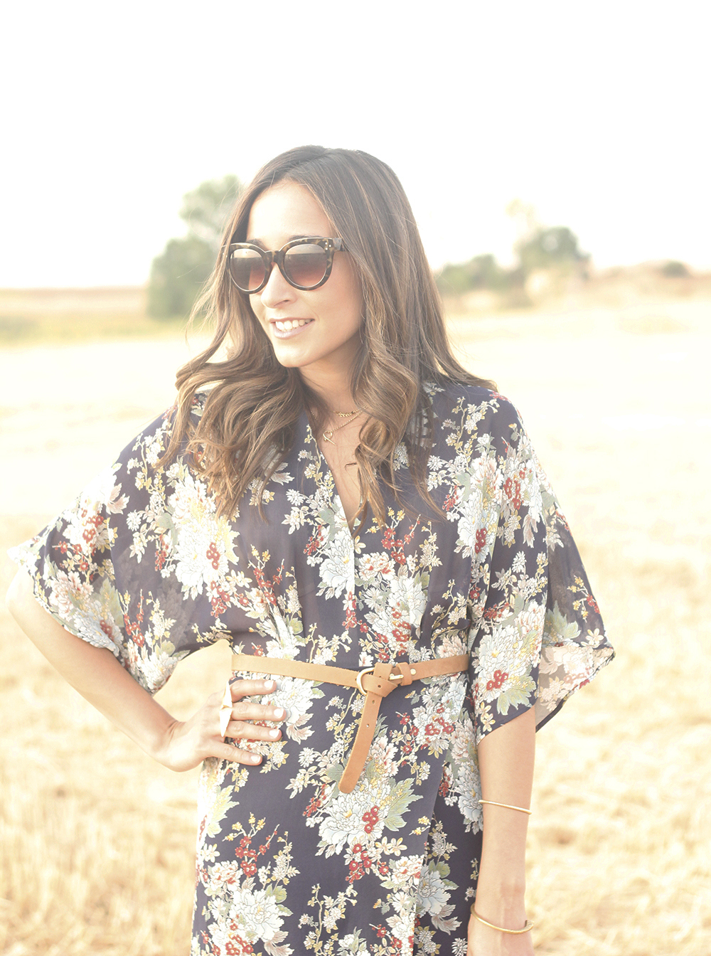 Maxi floral print dress uterqüe blue hat sunnies countryside summer outfit flat sandals massimo dutti20