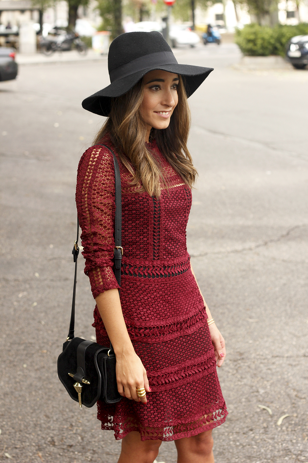 burgundy lace dress black heels hat accessories outfit fashion style17