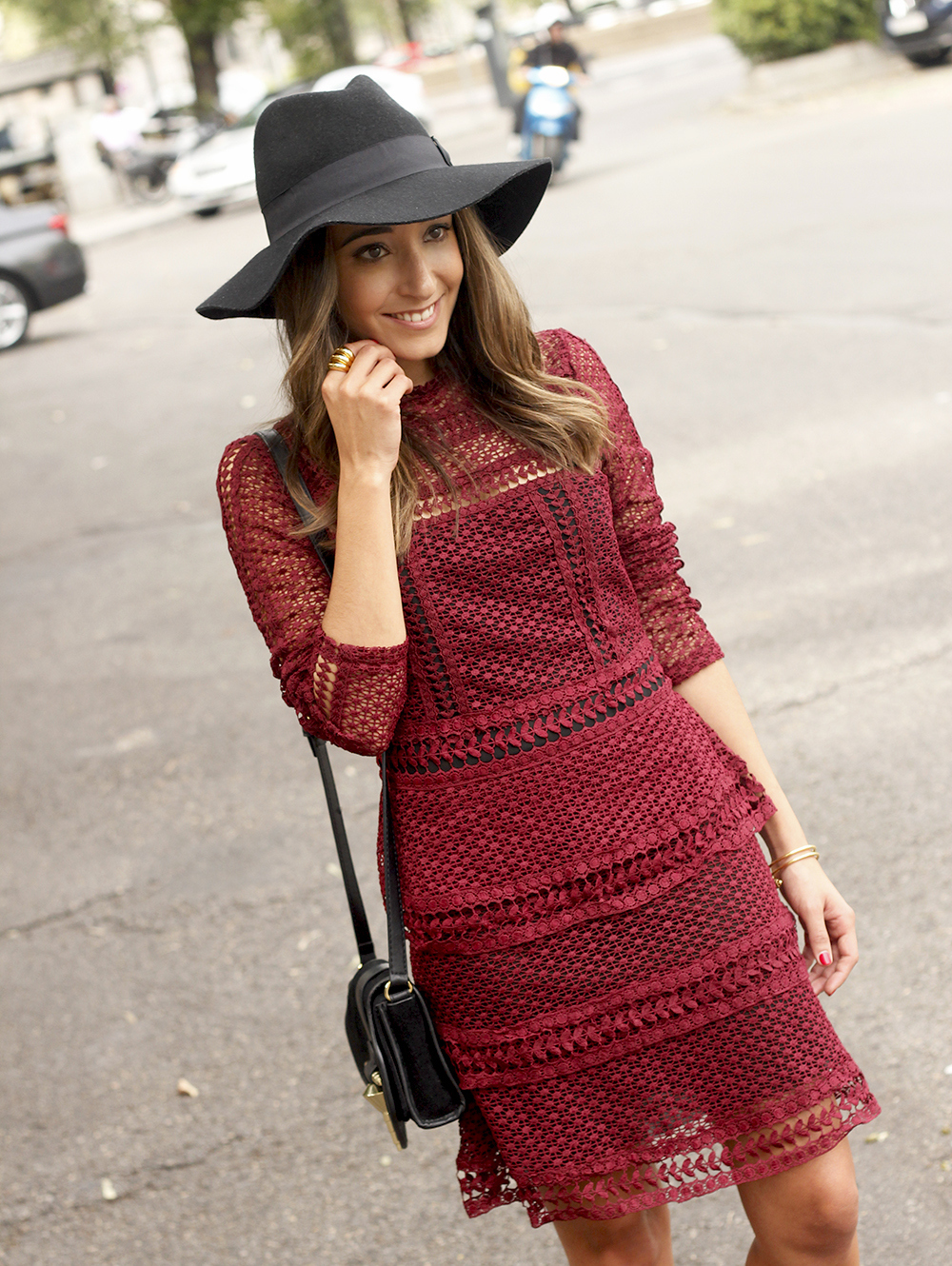 burgundy lace dress black heels hat accessories outfit fashion style18