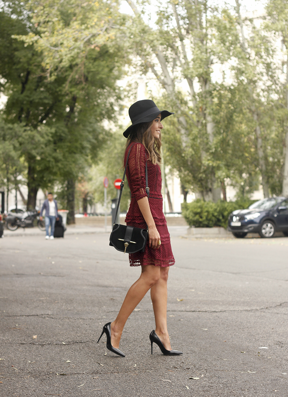 burgundy lace dress black heels hat accessories outfit fashion style11