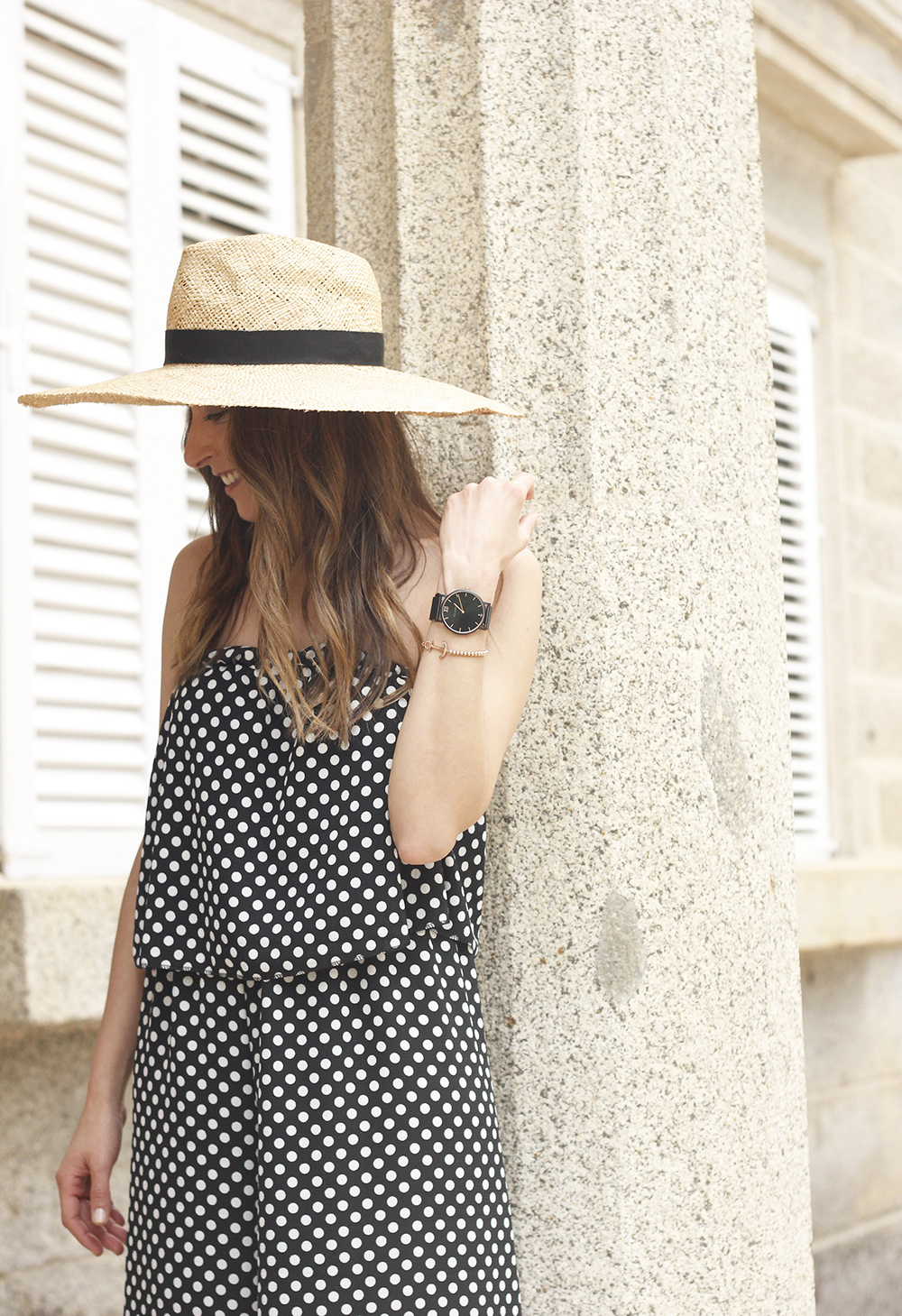 polka dot jumpsuit straw hat flat shoes street style spring outfit 201815