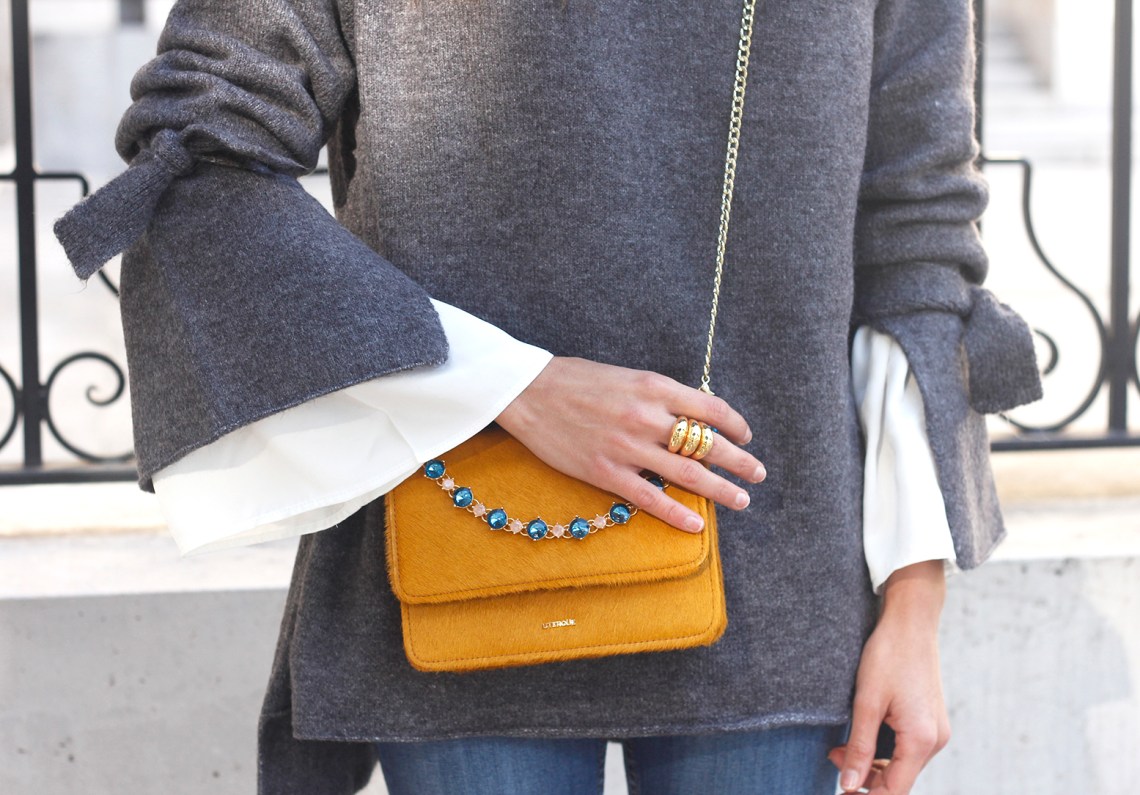 Gray jersey with sleeves bell white blouse ripped jeans heels uterqüe bag accessories fashion outfit18