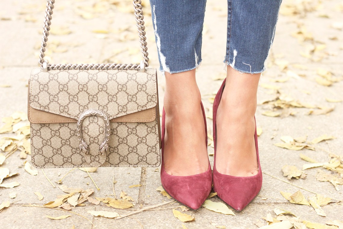 Houndstooth Coat striped shirt burgundy uterqüe heels gucci bag outfit style fashion15