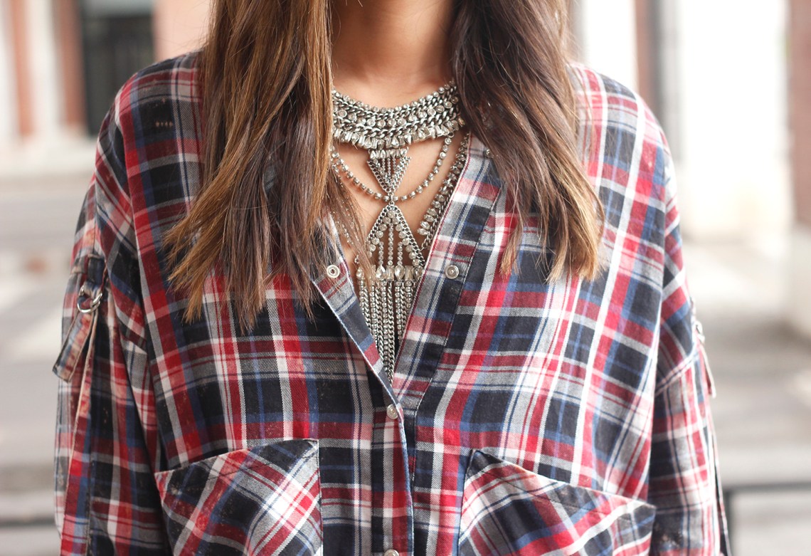 tartan shirt leather skirt over the knee boots accessories hat fashion outfit rainny day25