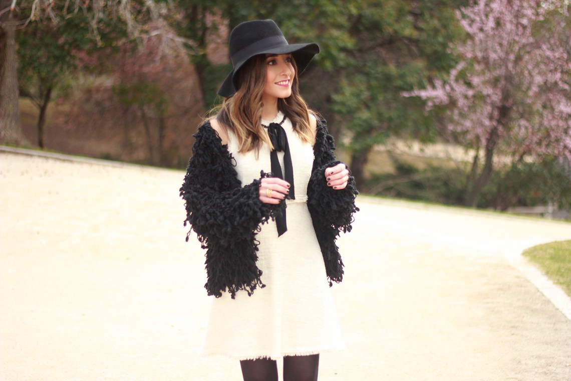 White tweed dress with bow black jacket hat outfit12