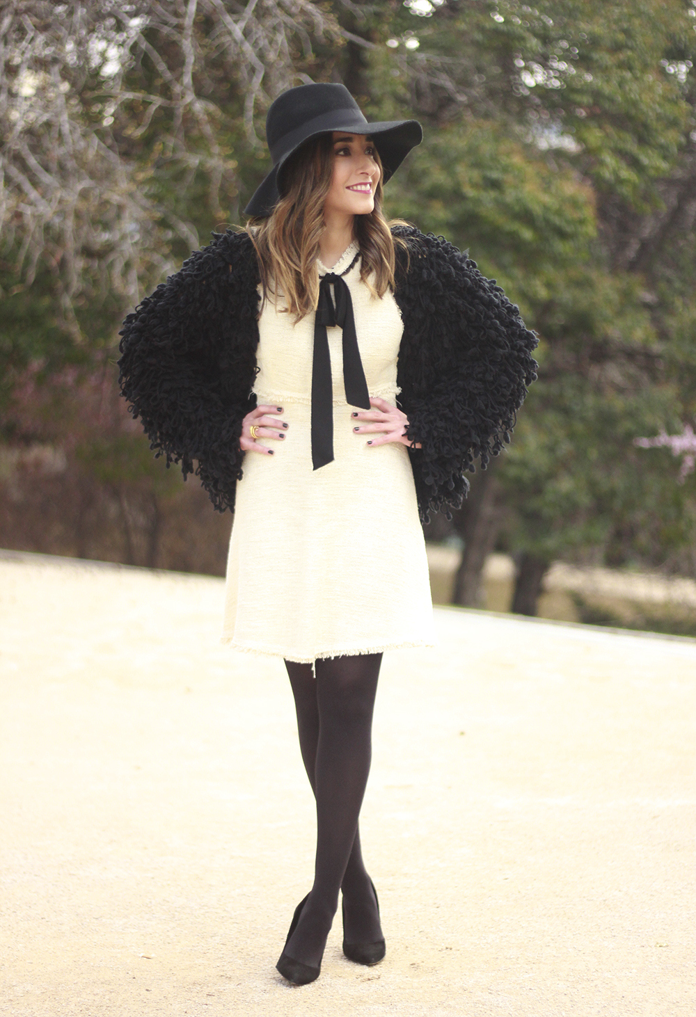 White tweed dress with bow black jacket hat outfit14