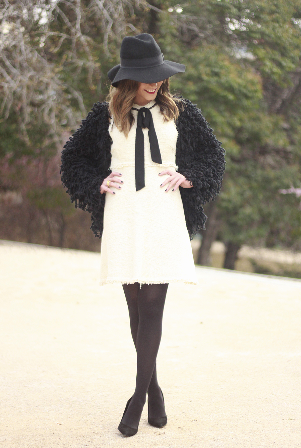 White tweed dress with bow black jacket hat outfit15