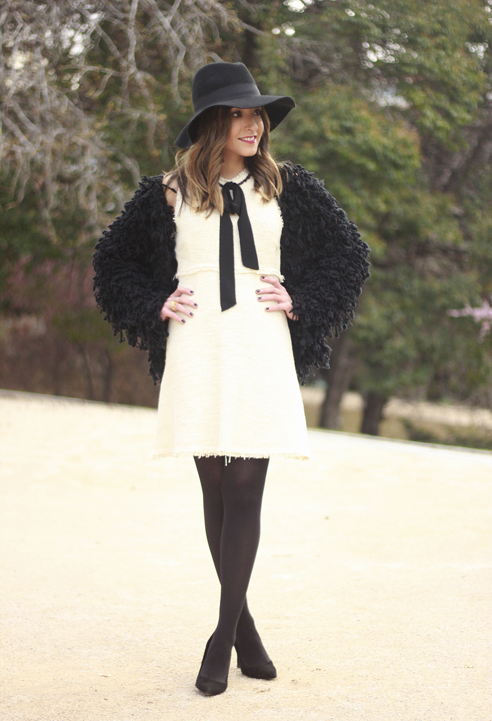 White tweed dress with bow black jacket hat outfit16