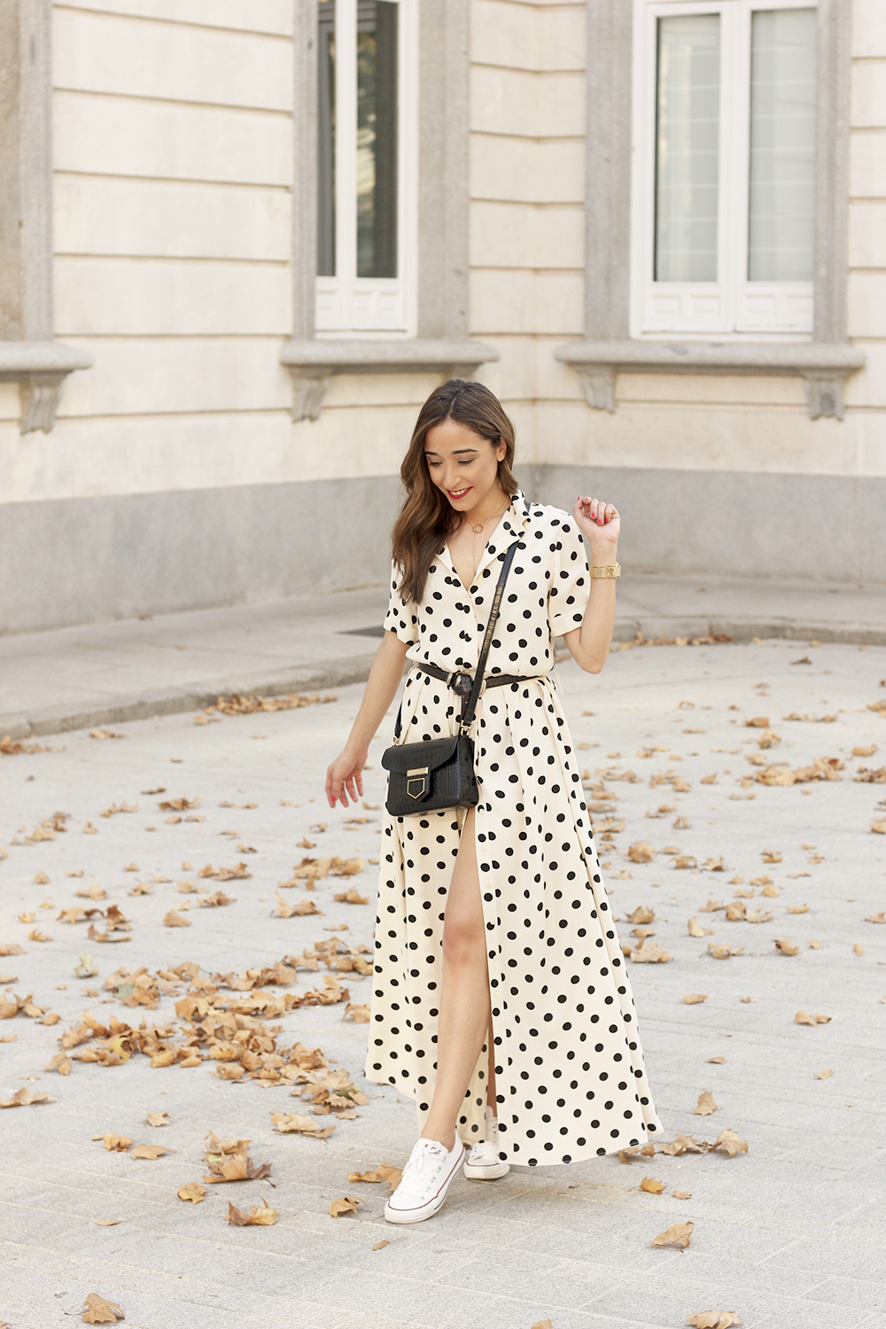 Maxi dress polka dots uterqüe converse givenchy bag summer outfit summer01